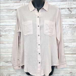 Lucky Brand Blush Pink Button Up Long Sleeve Collar Top w/ Gold Embroidery Stars
